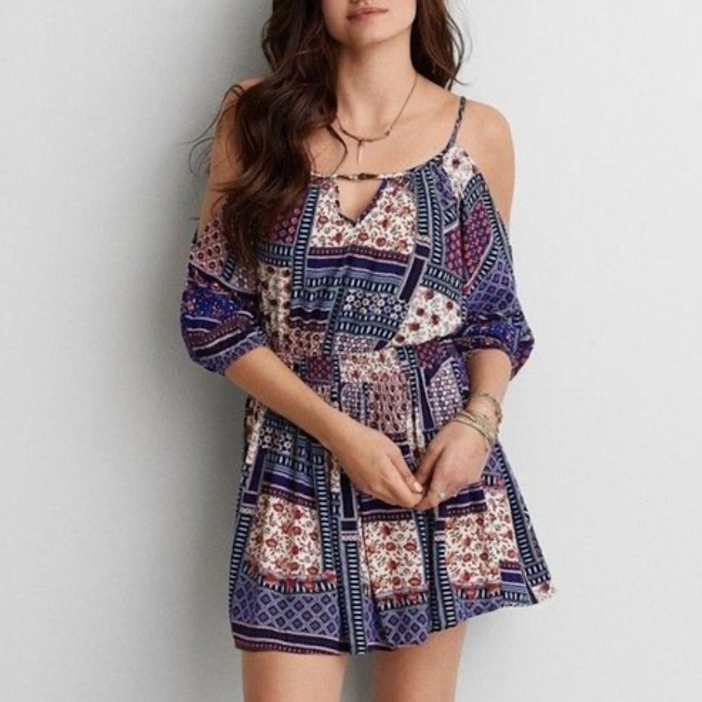 American Eagle Boho Patchwork Cold Shoulder Mini Dress Navy Red Cream Size M